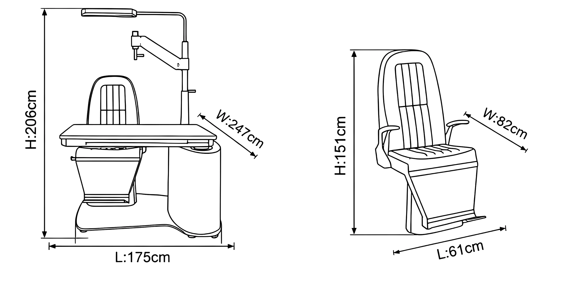 TG-510 dimension drawing — overall height 2060 mm, patient chair 610 × 820 × 1510 mm